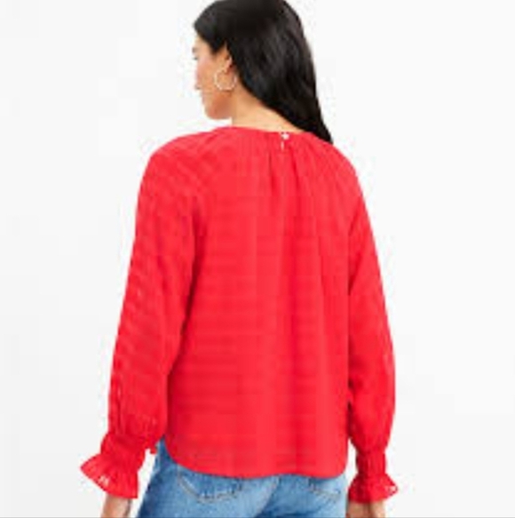 LOFT Smocked Cuff Blouse Red Size Small Lined Stretch Collar Peasant Top - Picture 3 of 9
